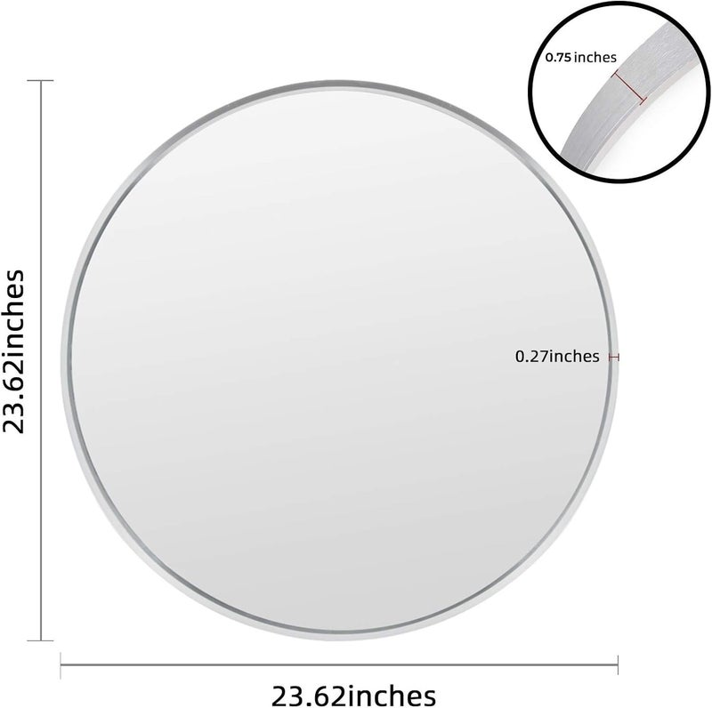 Muzilife 24" Round Mirror, Bathroom Circle Mirror, Silver Wall Mirrors with Modern Brushed Metal Frame, Suitable for Wall Hanging Decoration, Living Room, Bedroom - Image 3